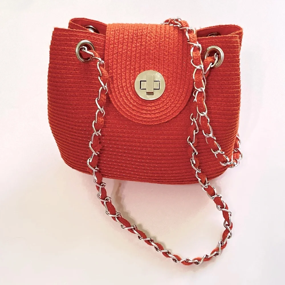 Kim Rogers Orange Woven Paper Straw Shoulder Bag Crossbody Silver Chain Straps